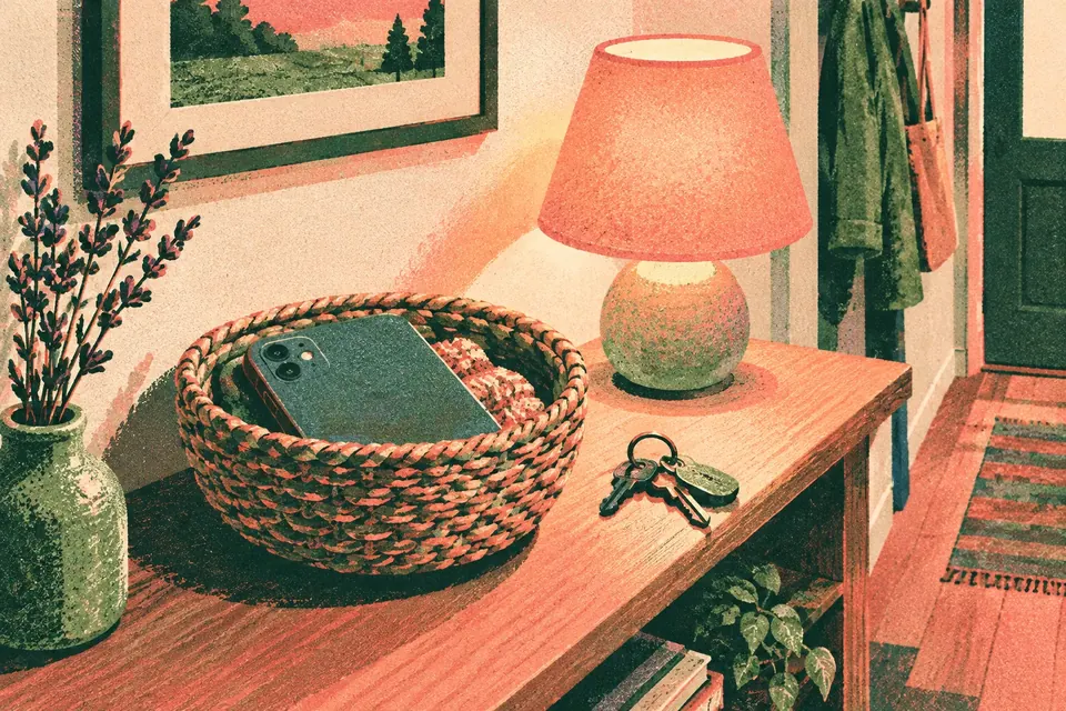 Nahaufnahme: Ein Handy liegt abends umgedreht in einem kleinen Korb im Flur, daneben eine warme Lampe, Schlüssel und Lavendel