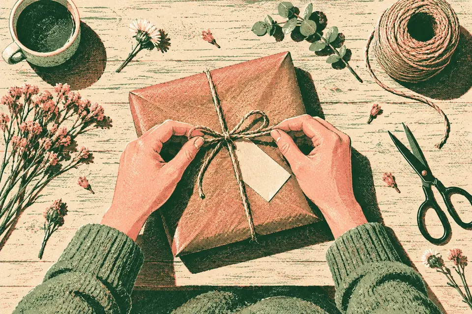 Von oben: Zwei Hände binden eine Schnur um ein Päckchen aus braunem Papier, daneben Schere, Garn und getrocknete Blumen