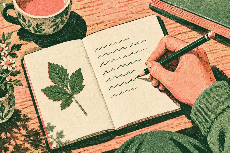 Nahaufnahme von oben: Eine Hand schreibt mit Bleistift in ein offenes Notizbuch, auf der Seite liegt ein gepresstes Blatt