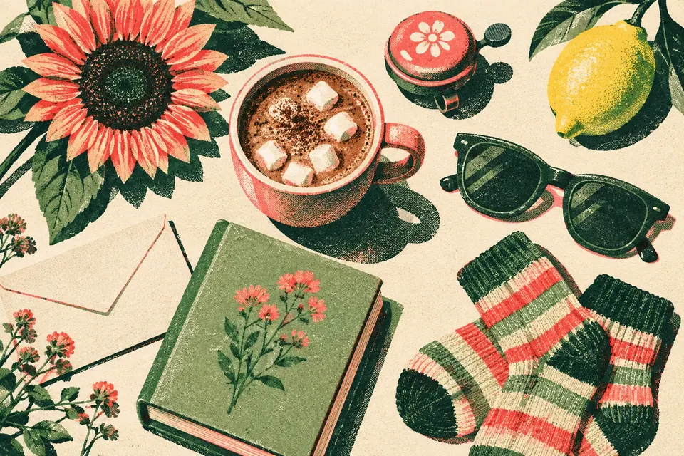 Von oben: viele kleine schöne Dinge auf einem Tisch – Kakao, Sonnenblume, Fahrradklingel, Brief, Zitrone, Buch, Sonnenbrille und Ringelsocken