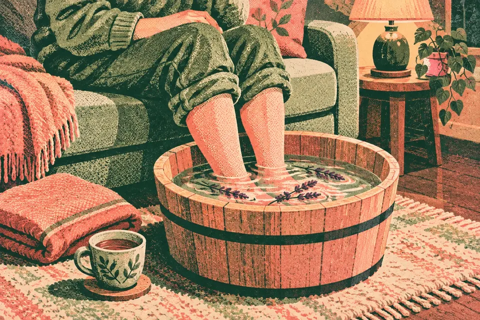 Holzbottich mit warmem Wasser und Lavendel auf einem Teppich, daneben Handtuch und Tee, eine Person mit hochgekrempelter Hose sitzt auf dem Sofa