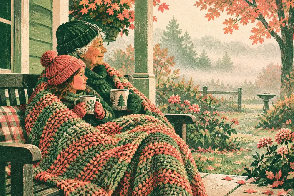 Ein Kind und ein Großelternteil sitzen in eine große Strickdecke gehüllt auf einer Bank und schauen in einen nebligen Herbstgarten