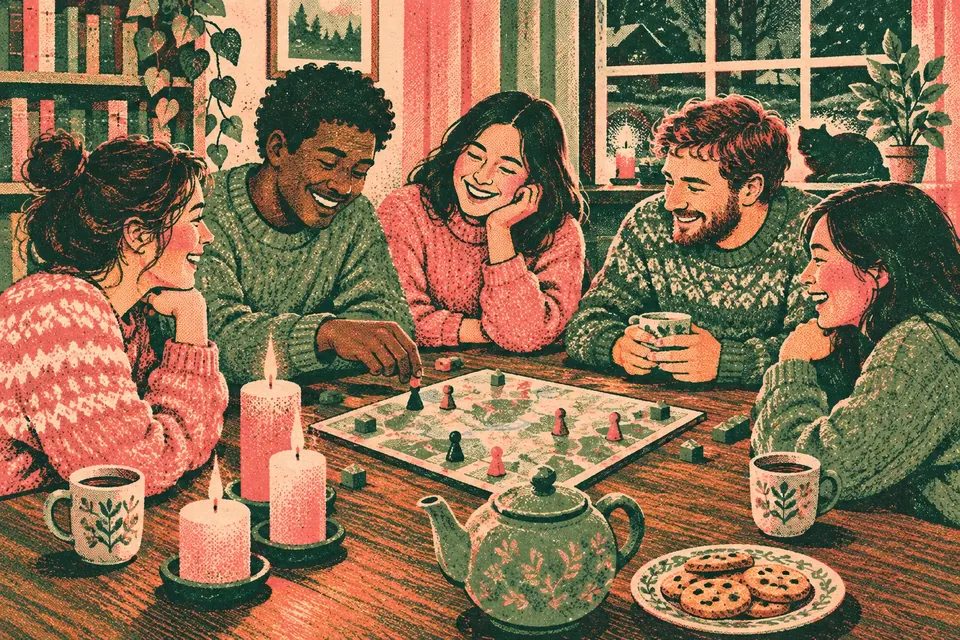 Freunde in Strickpullovern spielen bei Kerzenschein ein Brettspiel am Holztisch, dazu Tee und Kekse