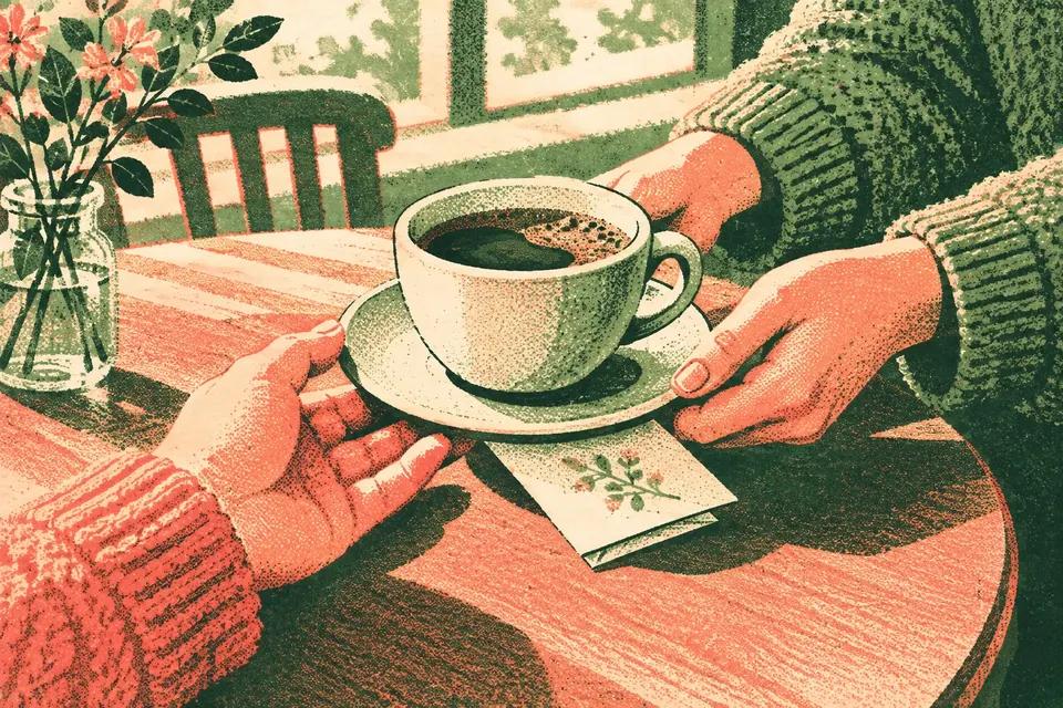 Eine Hand reicht eine warme Tasse Kaffee über einen kleinen Tisch, unter der Untertasse steckt ein gefalteter Zettel