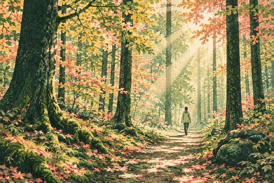 Sonnenlicht fällt durch grüne und goldene Buchenblätter auf einen moosigen Waldweg, in der Ferne geht eine Person spazieren
