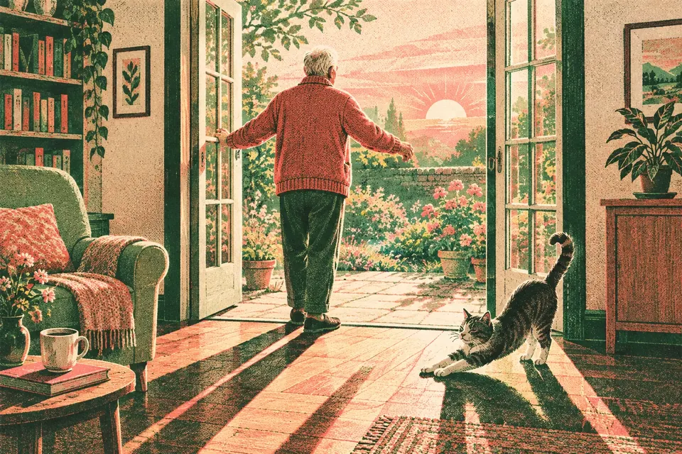Ein älterer Mann öffnet morgens die Gartentür, Sonnenlicht flutet den Raum, eine Katze streckt sich im Lichtstrahl