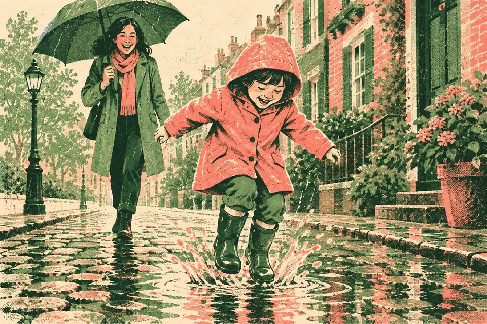 Ein Kind in Regenjacke und Gummistiefeln springt in eine große Pfütze, dahinter lacht ein Erwachsener unter dem Regenschirm