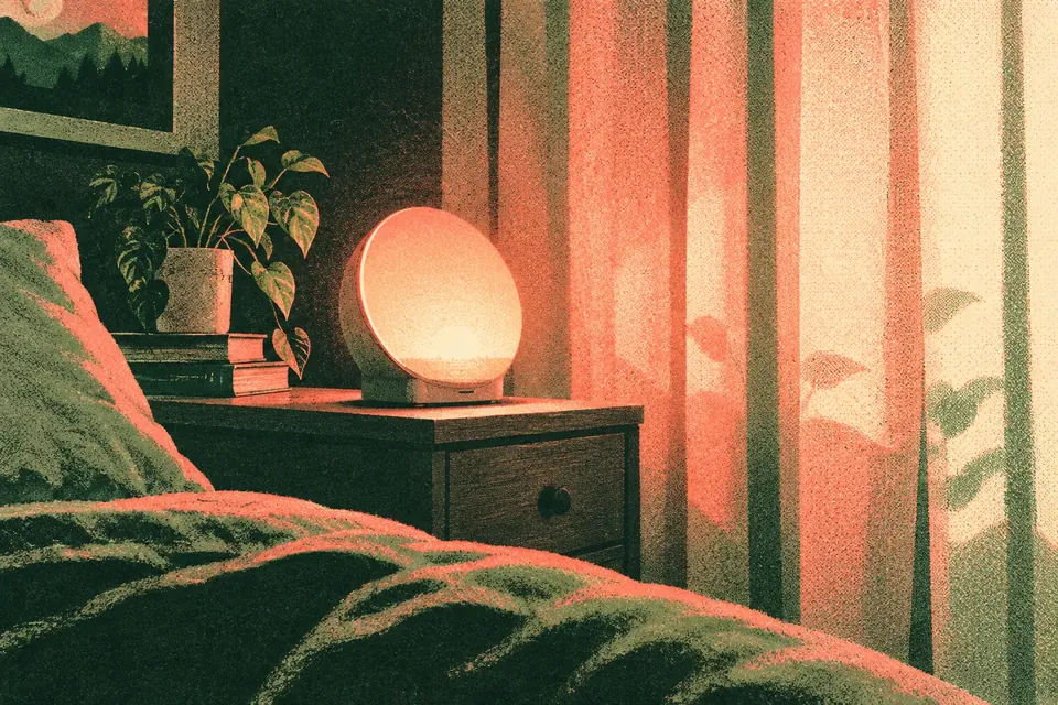 Ein Lichtwecker leuchtet sanft auf dem Nachttisch im dunklen Schlafzimmer, sein warmes Licht breitet sich über den Vorhang aus