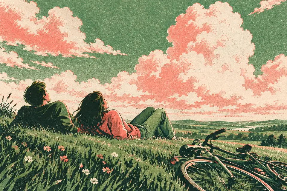 Zwei Freundinnen liegen auf einem Grashügel und schauen in die Wolken, daneben liegt ein Fahrrad