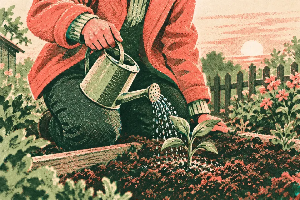 Eine Person kniet im Gartenbeet und gießt behutsam einen kleinen Setzling mit einer Blechgießkanne
