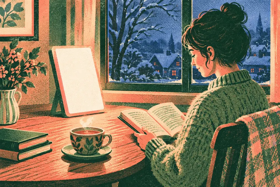 Eine helle, rechteckige Lichtlampe leuchtet auf einem Frühstückstisch neben Tee und Buch, draußen ist es noch dunkel