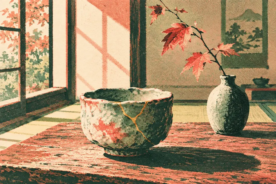 Eine handgemachte, unregelmäßige Keramikschale mit goldfarben reparierter Bruchstelle auf altem Holz, daneben ein trockener Herbstzweig in einer schlichten Vase