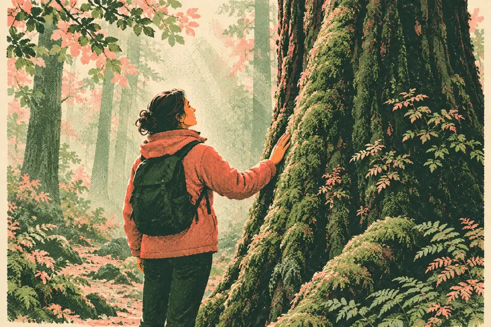 Eine Person in warmer Jacke steht still im nebligen Wald und legt die Hand an die bemooste Rinde eines alten Baumes