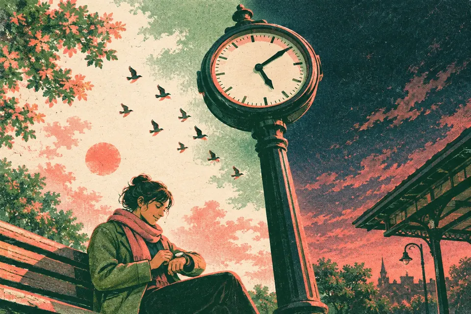 Eine große Bahnhofsuhr vor einem Himmel, halb Tag, halb Dämmerung, darunter stellt eine Person auf einer Bank ihre Armbanduhr